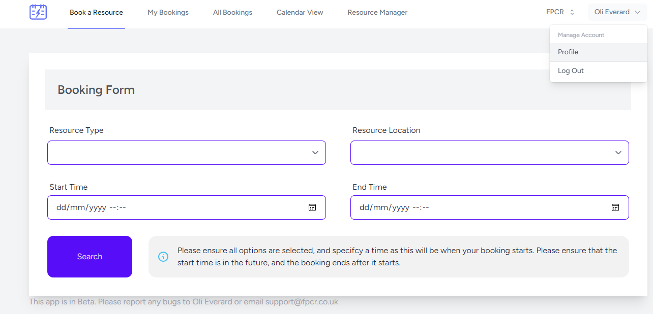 Log in screen